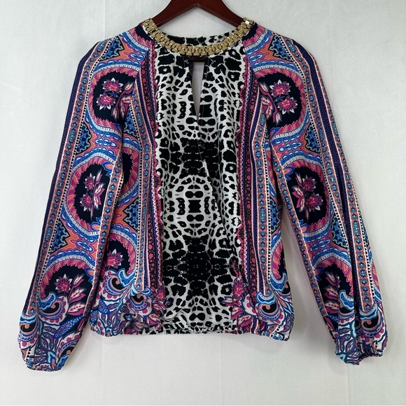 Bebe Blouse Formal Necklace Colorful Keyhole Gold Date Evening Printed XS Top - Picture 9 of 9